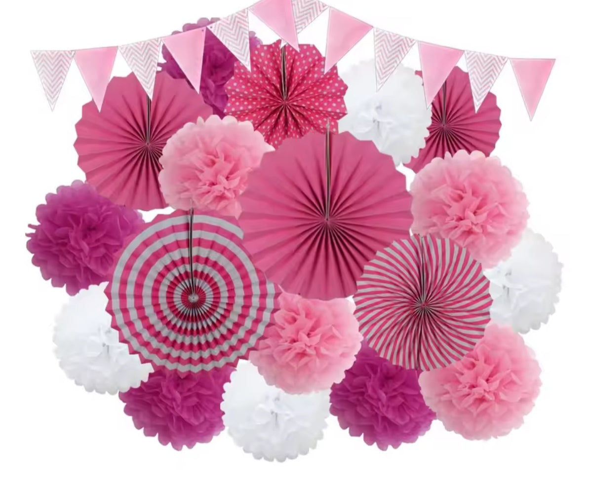 Mixed Size Paper Fan Tissue Pompom Party Decorations