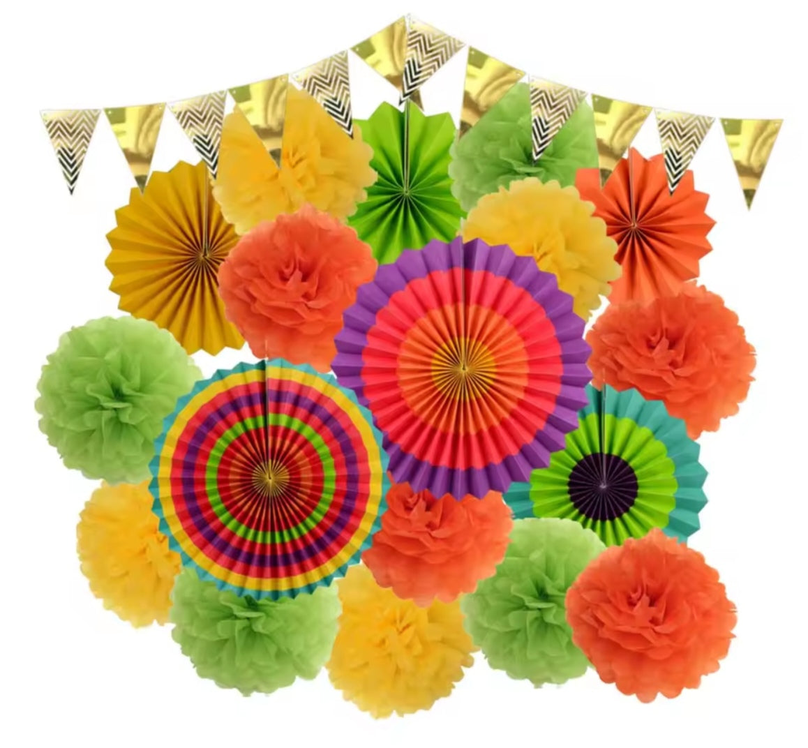 Mixed Size Paper Fan Tissue Pompom Party Decorations