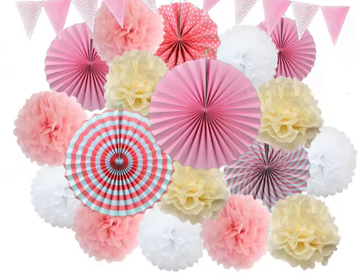 Mixed Size Paper Fan Tissue Pompom Party Decorations