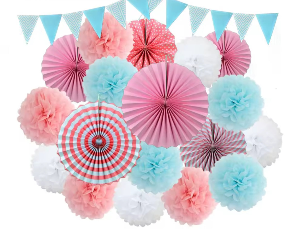 Mixed Size Paper Fan Tissue Pompom Party Decorations