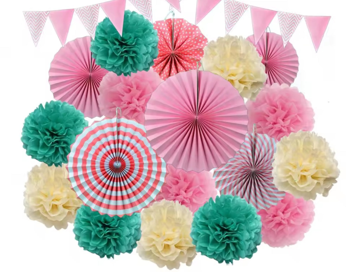 Mixed Size Paper Fan Tissue Pompom Party Decorations