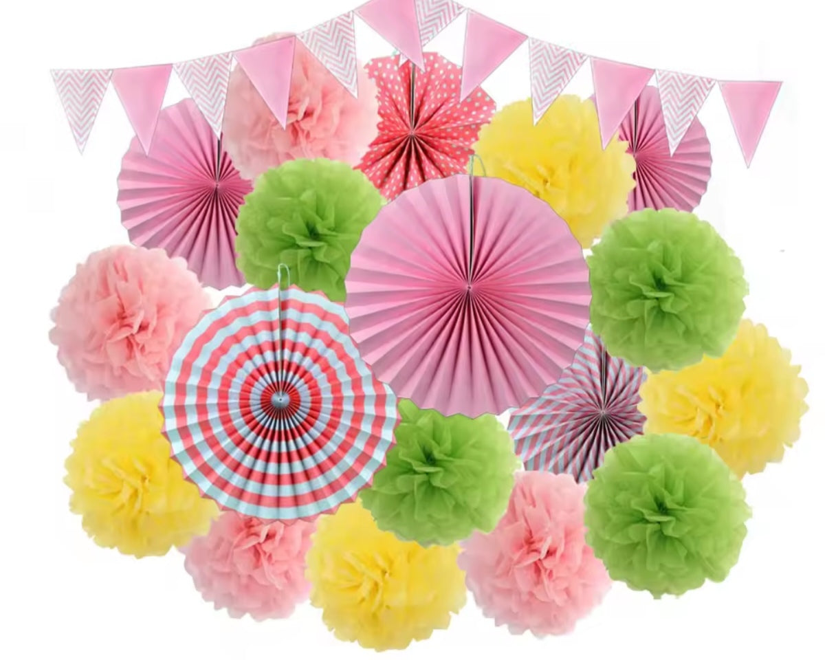 Mixed Size Paper Fan Tissue Pompom Party Decorations