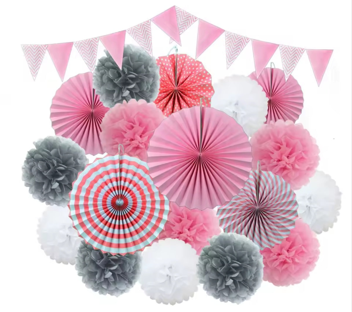Mixed Size Paper Fan Tissue Pompom Party Decorations