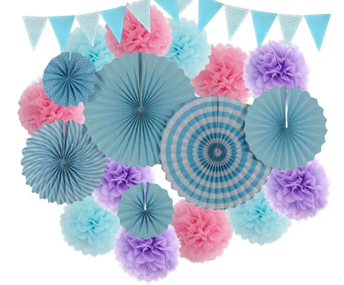 Mixed Size Paper Fan Tissue Pompom Party Decorations