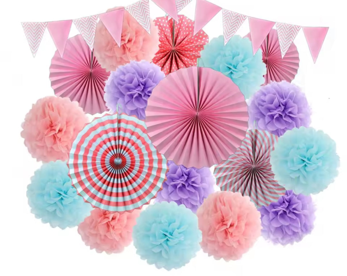 Mixed Size Paper Fan Tissue Pompom Party Decorations