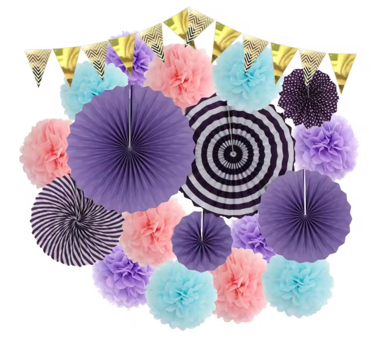 Mixed Size Paper Fan Tissue Pompom Party Decorations