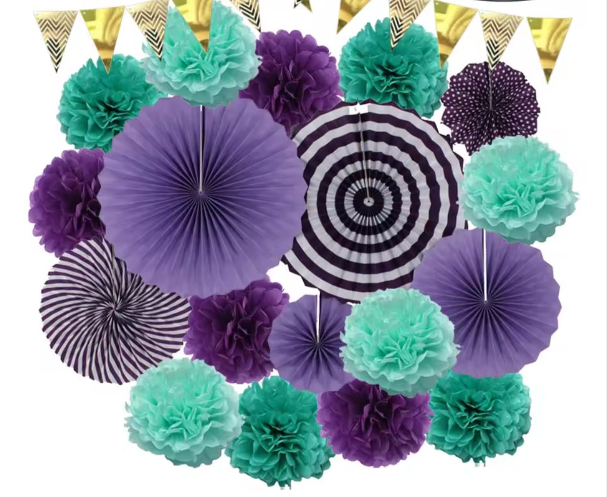 Mixed Size Paper Fan Tissue Pompom Party Decorations