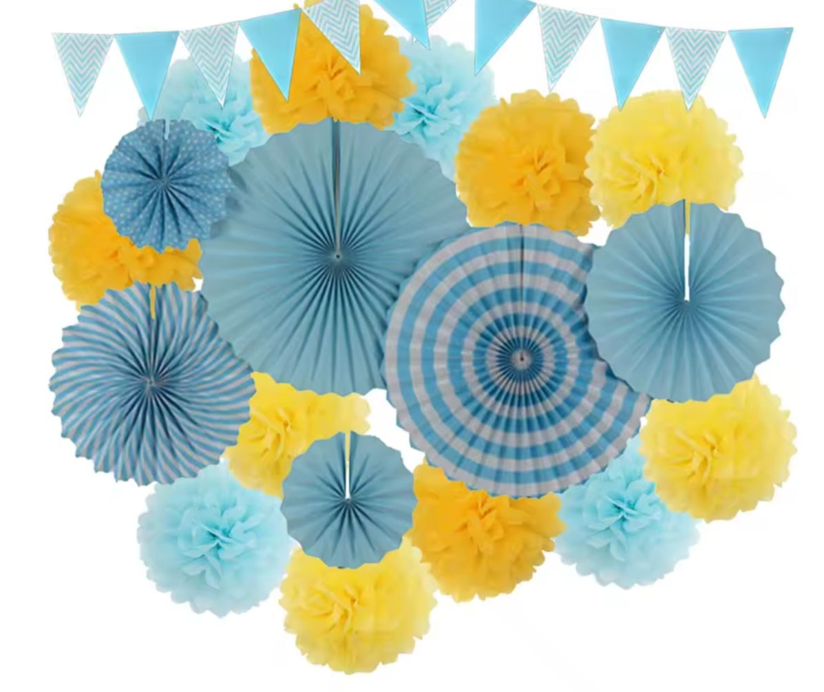 Mixed Size Paper Fan Tissue Pompom Party Decorations