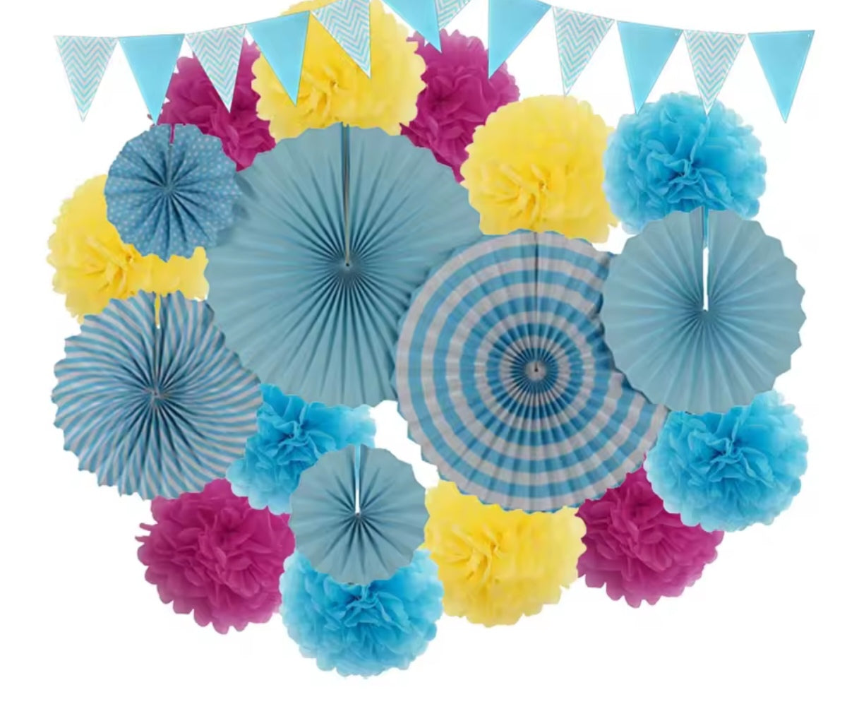 Mixed Size Paper Fan Tissue Pompom Party Decorations