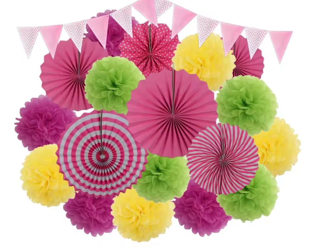 Mixed Size Paper Fan Tissue Pompom Party Decorations