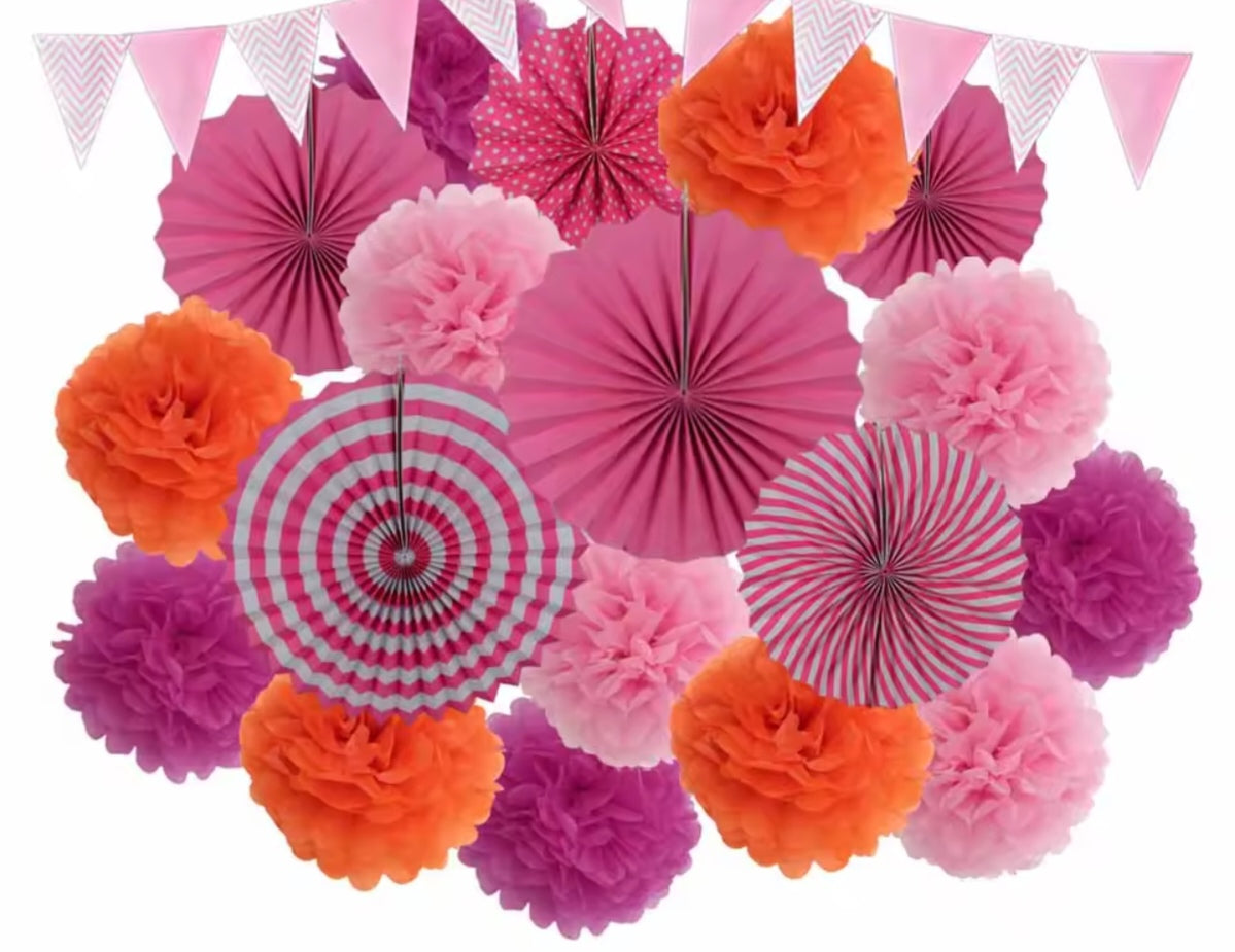 Mixed Size Paper Fan Tissue Pompom Party Decorations