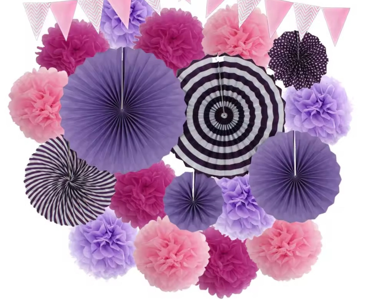 Mixed Size Paper Fan Tissue Pompom Party Decorations