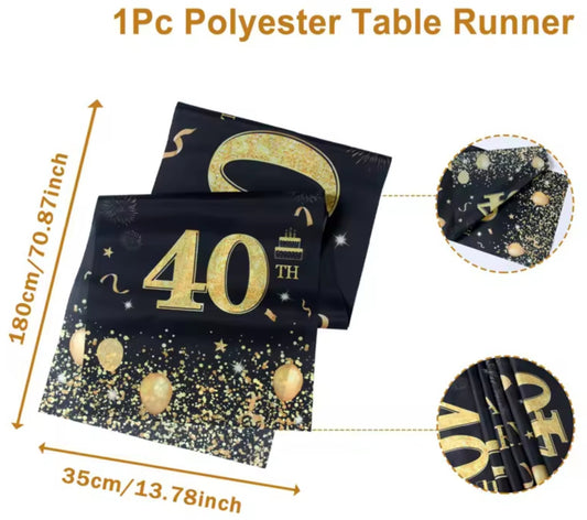 Black/Gold 40th Birthday Polyester Table Runner