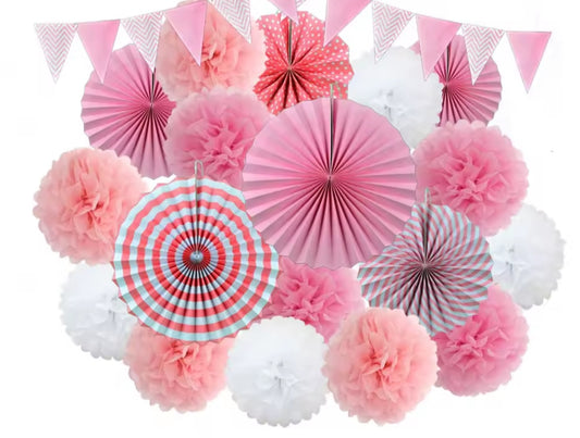 Mixed Size Paper Fan Tissue Pompom Party Decorations