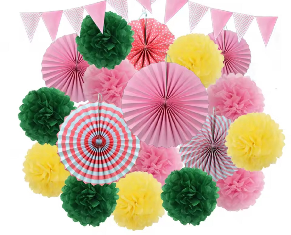 Mixed Size Paper Fan Tissue Pompom Party Decorations